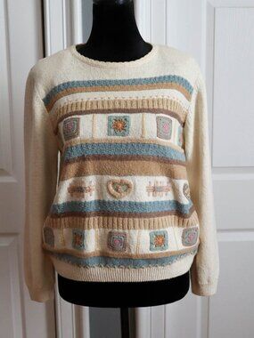 Vtg '90s Alfred Dunner Patchwork Crochet Granny Square Sweater Sz M Cottagecore